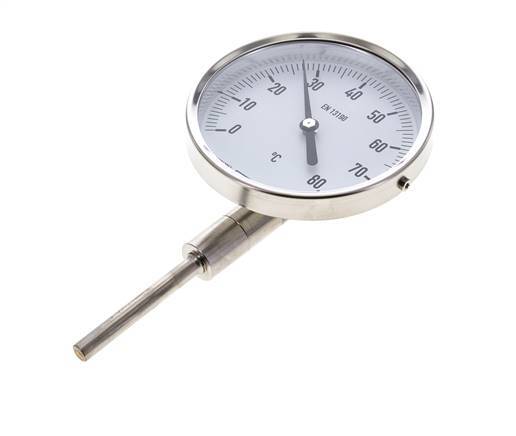 -20 tot +60°C RVS Bimetalen Thermometer 100mm Behuizing 100mm Dompelbuis Onderaansluiting