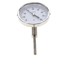 -20 tot +60°C RVS Bimetalen Thermometer 100mm Behuizing 100mm Dompelbuis Onderaansluiting