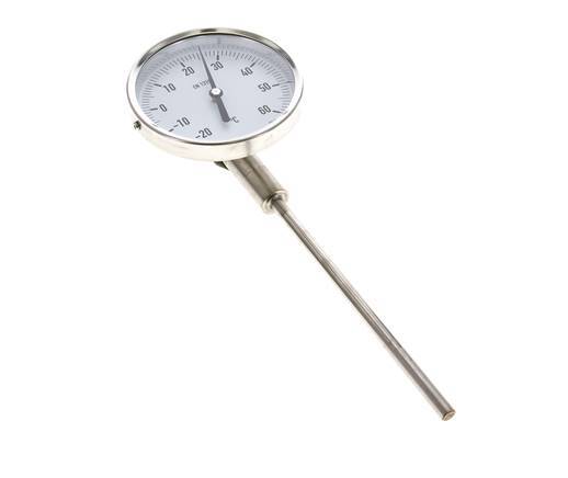 -20 tot +60°C RVS Bimetalen Thermometer 100mm Behuizing 160mm Dompelbuis Onderaansluiting