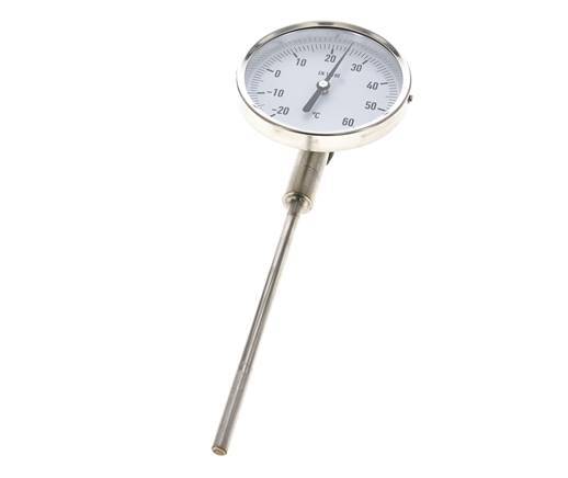 -20 tot +60°C RVS Bimetalen Thermometer 100mm Behuizing 160mm Dompelbuis Onderaansluiting