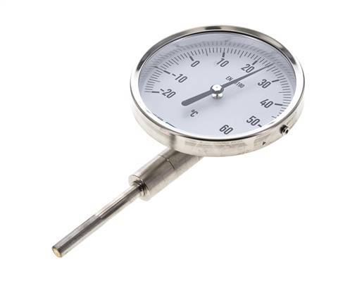 -20 to +60°C Stainless Steel Bimetallic Thermometer 100mm Cabinet 63mm Stem Bottom