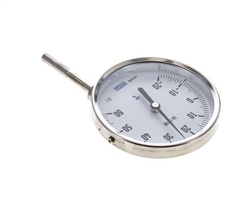 -20 tot +60°C RVS Bimetalen Thermometer 100mm Behuizing 63mm Dompelbuis Onderaansluiting