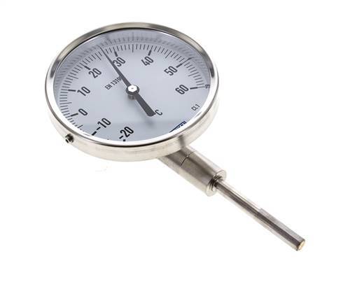 -20 tot +60°C RVS Bimetalen Thermometer 100mm Behuizing 63mm Dompelbuis Onderaansluiting