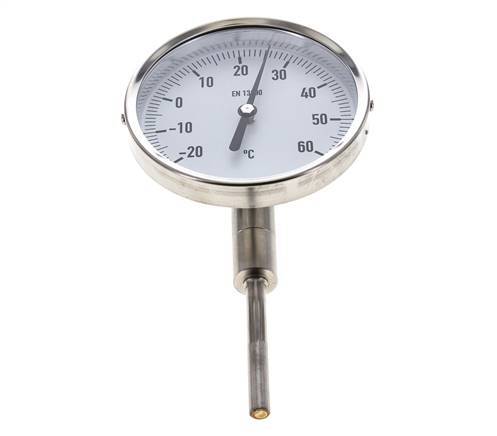 -20 tot +60°C RVS Bimetalen Thermometer 100mm Behuizing 63mm Dompelbuis Onderaansluiting