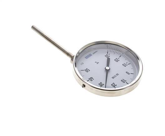 -30 tot +50°C RVS Bimetalen Thermometer 100mm Behuizing 100mm Dompelbuis Onderaansluiting