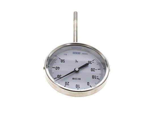 -30 tot +50°C RVS Bimetalen Thermometer 100mm Behuizing 100mm Dompelbuis Onderaansluiting