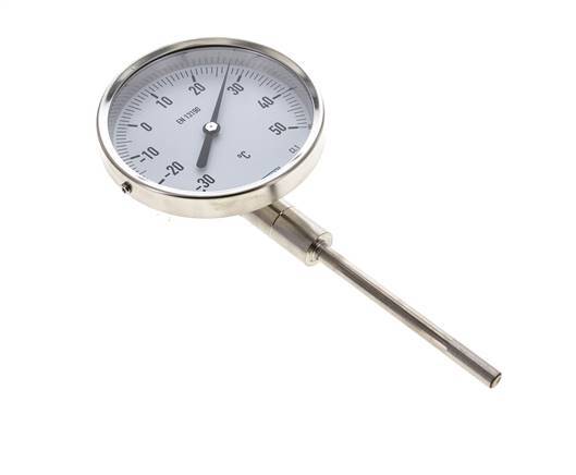 -30 tot +50°C RVS Bimetalen Thermometer 100mm Behuizing 100mm Dompelbuis Onderaansluiting
