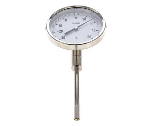 -30 tot +50°C RVS Bimetalen Thermometer 100mm Behuizing 100mm Dompelbuis Onderaansluiting