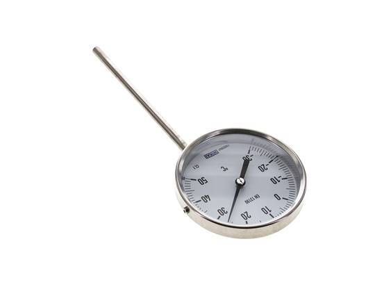 -30 tot +50°C RVS Bimetalen Thermometer 100mm Behuizing 160mm Dompelbuis Onderaansluiting