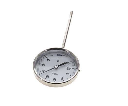 -30 tot +50°C RVS Bimetalen Thermometer 100mm Behuizing 160mm Dompelbuis Onderaansluiting