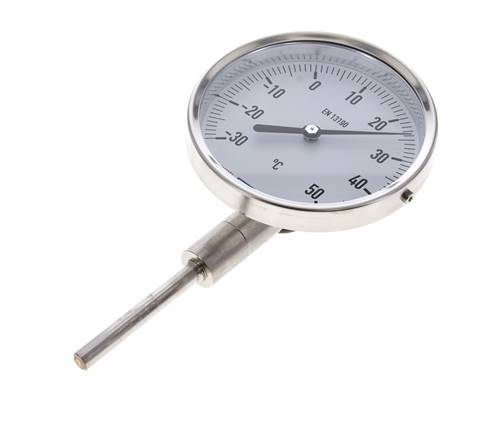 -30 tot +50°C RVS Bimetalen Thermometer 100mm Behuizing 63mm Dompelbuis Onderaansluiting