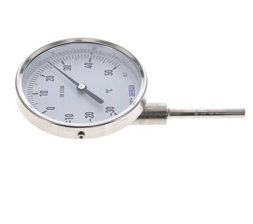 -30 tot +50°C RVS Bimetalen Thermometer 100mm Behuizing 63mm Dompelbuis Onderaansluiting