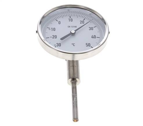 -30 tot +50°C RVS Bimetalen Thermometer 100mm Behuizing 63mm Dompelbuis Onderaansluiting
