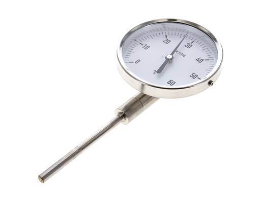 0 tot +60°C RVS Bimetalen Thermometer 100mm Behuizing 100mm Dompelbuis Onderaansluiting