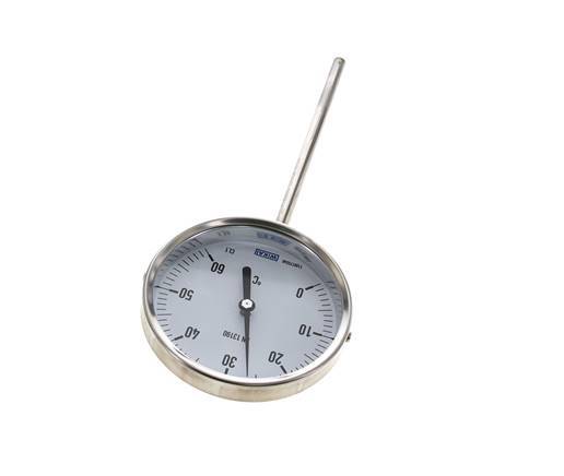 0 tot +60°C RVS Bimetalen Thermometer 100mm Behuizing 160mm Dompelbuis Onderaansluiting