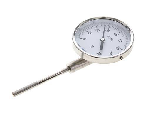 0 tot +80°C RVS Bimetalen Thermometer 100mm Behuizing 100mm Dompelbuis Onderaansluiting
